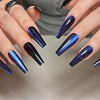 Vista 21 de Uñas postizas a presión largas de ataúd, con purpurina, brillantes, acrílicas, artificiales, de cobertura completa, con pegamento, para mujeres, 24