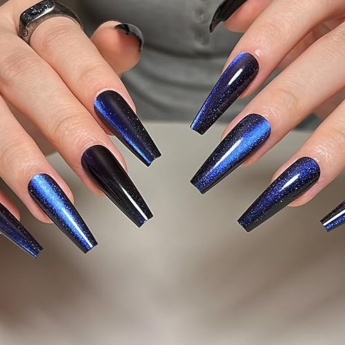 Uñas postizas largas con purpurina azul con diseño, acabado acrílico brillante, cobertura completa, uñas reutilizables para mujeres y niñas