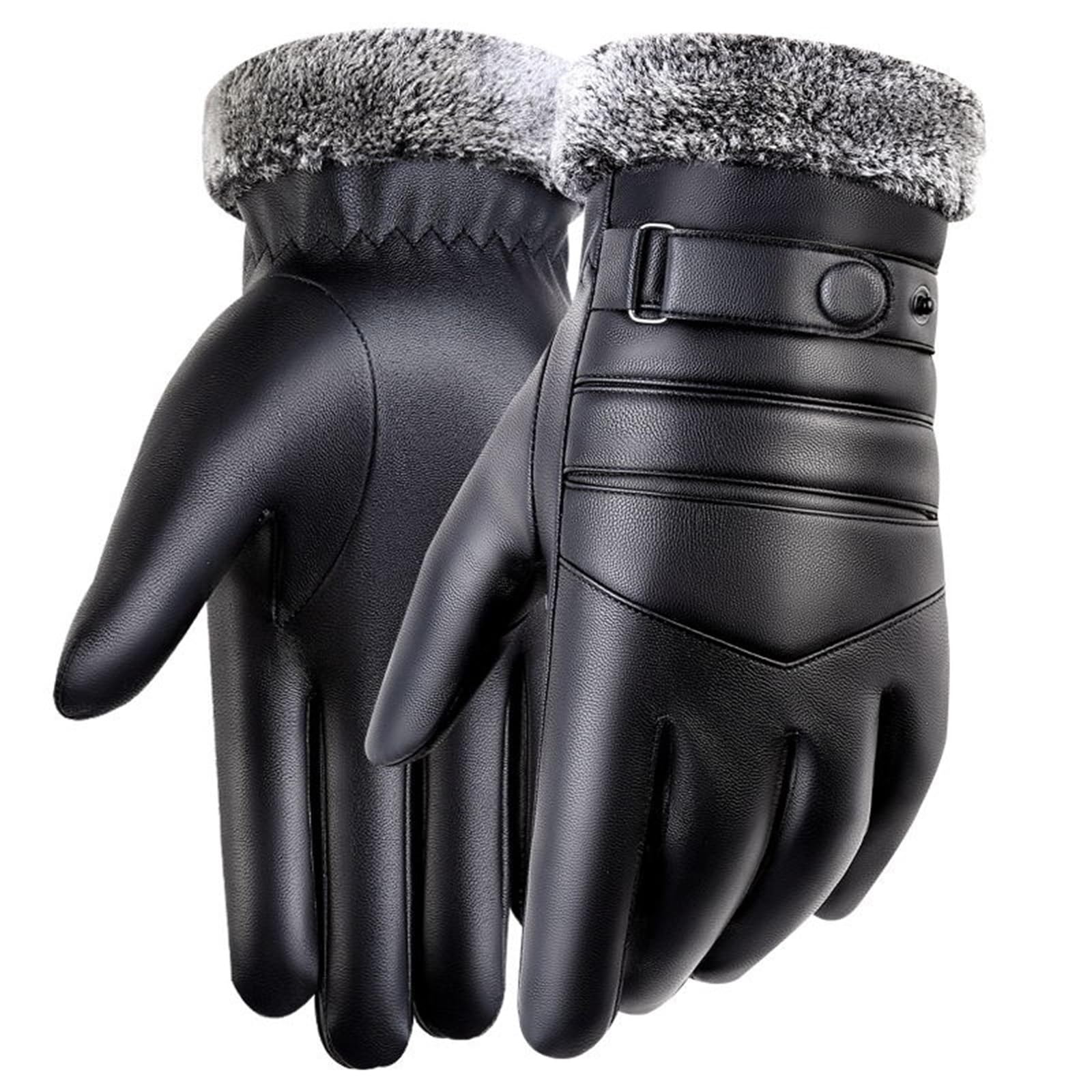 Guantes de invierno de cuero cálido para hombre, con forro de piel térmica, guantes de piel para pantalla táctil, para motocicleta, conducción
