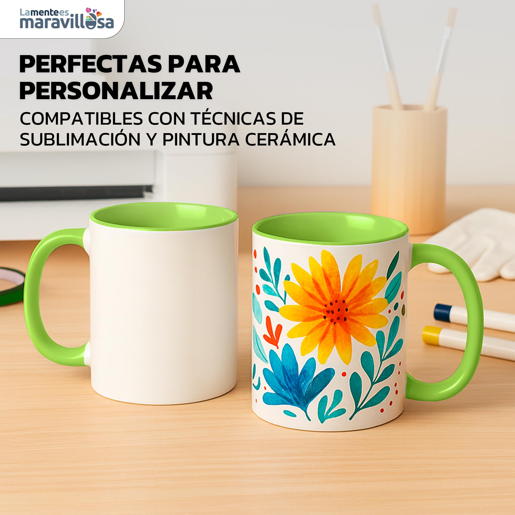 LA MENTE ES MARAVILLOSA - Tazas de Cerámica para Sublimación【Pack de 36】 11 oz/330 ml - Regalo Original | 8x10 cm | Ideales para Café, Té e Infusiones, Aptas para Microondas (Blanco/Verde)