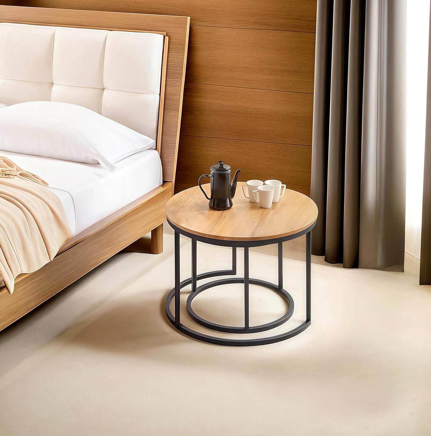 Beistelltisch Rund 2er Set Kleiner Couchtisch Rund Couchtisch Schwarz Holz mit Schwarzem Metallgestell, Wohnzimmertisch Rund Sofatisch für Wohnzimmer Schlafzimmer Büro, 50+40 cm