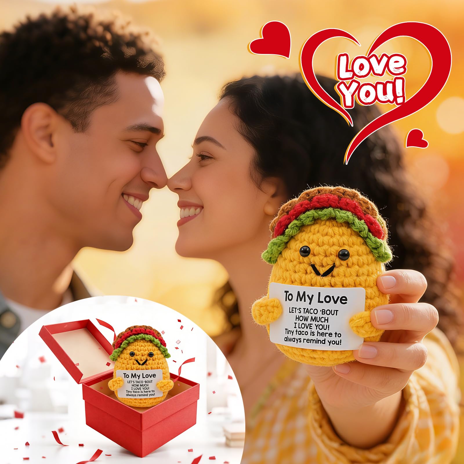 Mothers Day Wife Gifts for Wife from Husband - Handmade Positive Crochet Taco Plush, Romantic Valentines Day Birthday Anniversary Gifts for Her, Taco Stuffed Animal for Desk Decor, Home Decor