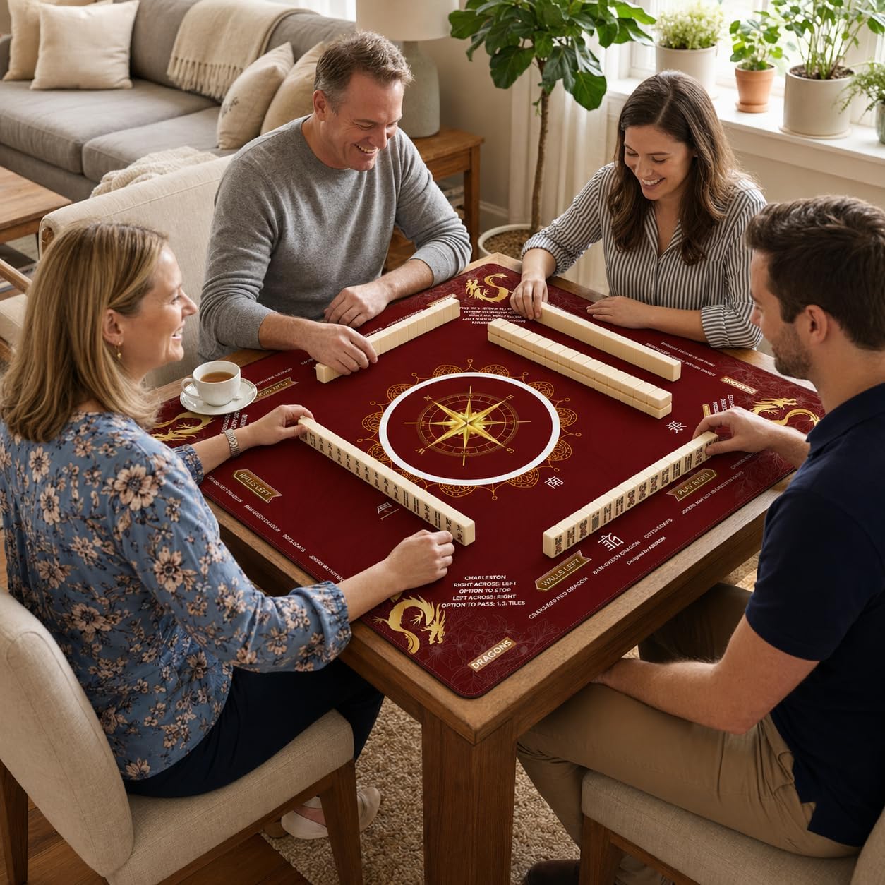 Mahjong Mat with Rules, 32.7 Inch Non-Slip Table Mat, Red | 32.7 x 32.7 inch cushioned, water-resistant table mat with carry bag for American mah jongg, cards, poker and dominoes