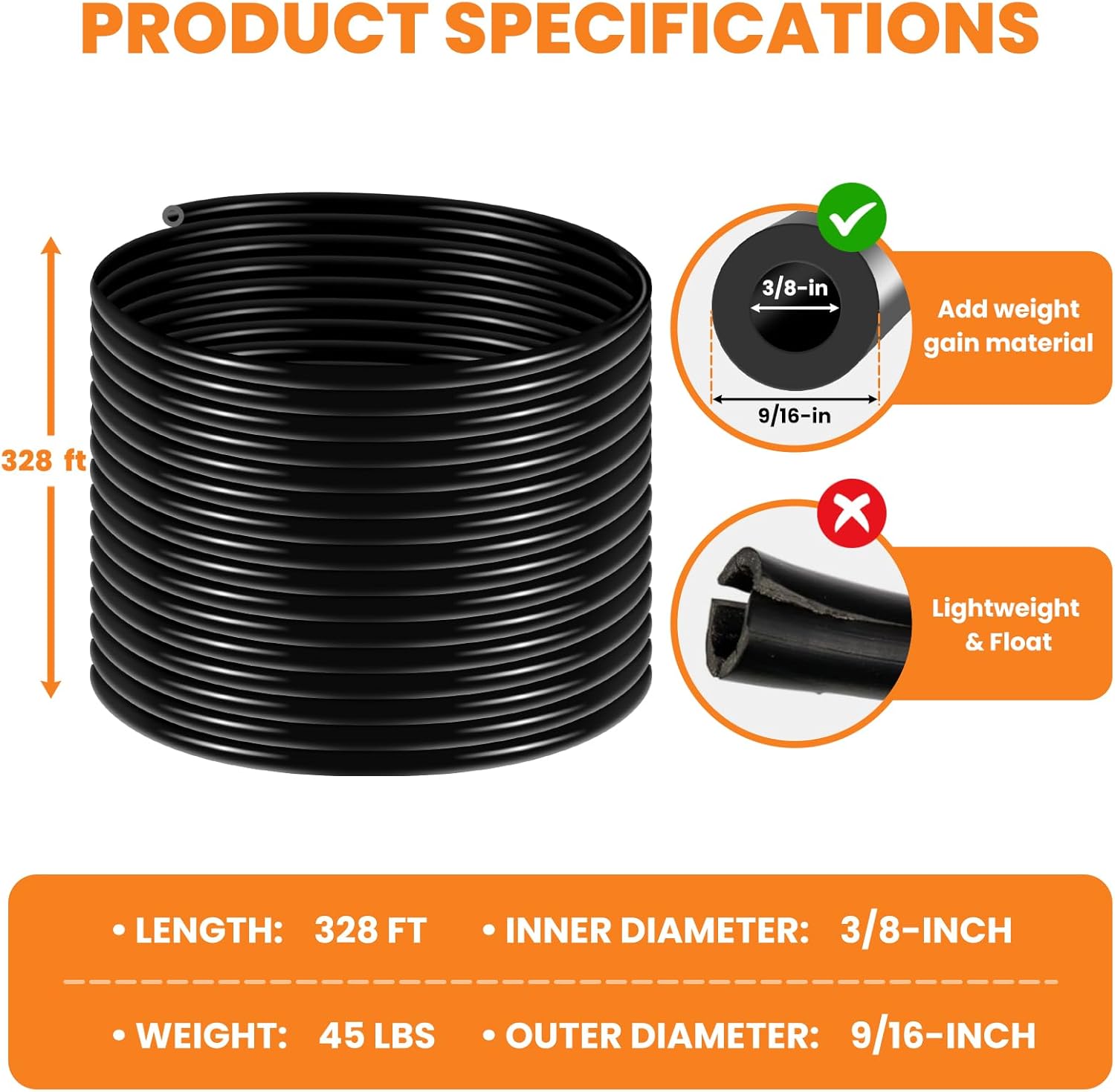3/8 Inch Heavy Duty Self Sinking Aeration Hose, Tear Resistance Weighted Air Line Tubing, Non-Clogging Interior, Contractor Grade Aerator Hose for Pond, Fountain, Irrigation(Black) (328.1 Ft)