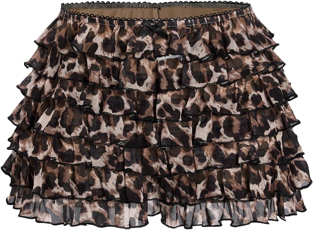 Verdusa Women's Y2K Cheetah Bloomers Tiered Layered Micro Shorts Elastic Waist Ruffle Shorts