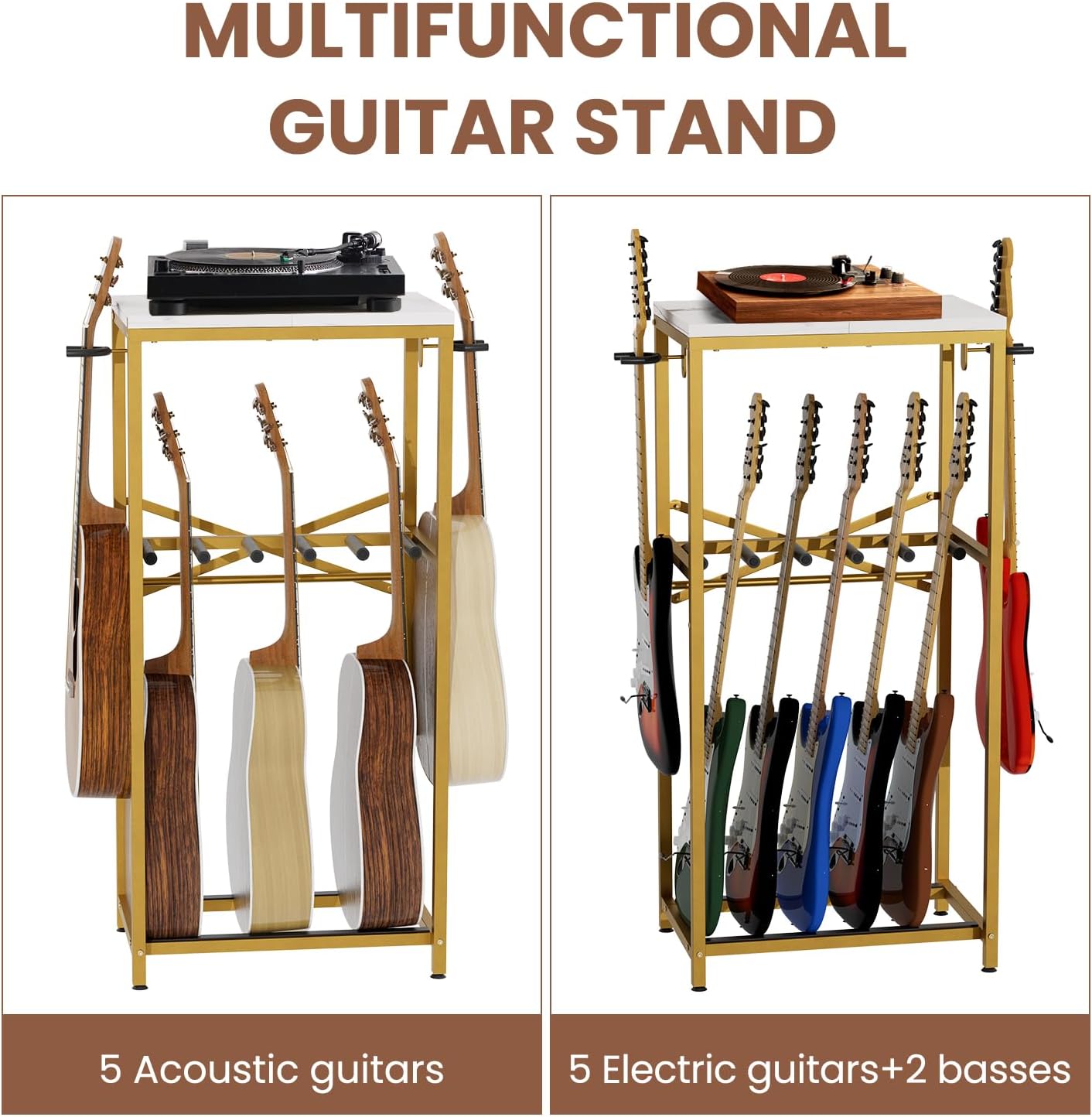 Guitar Stand for Multiple Guitars, Guitar Rack for Acoustic Guitar, Electric Guitar, Bass and Ukulele, Rustic Guitars Display Stand with 2 Guitar Hangers, Gold
