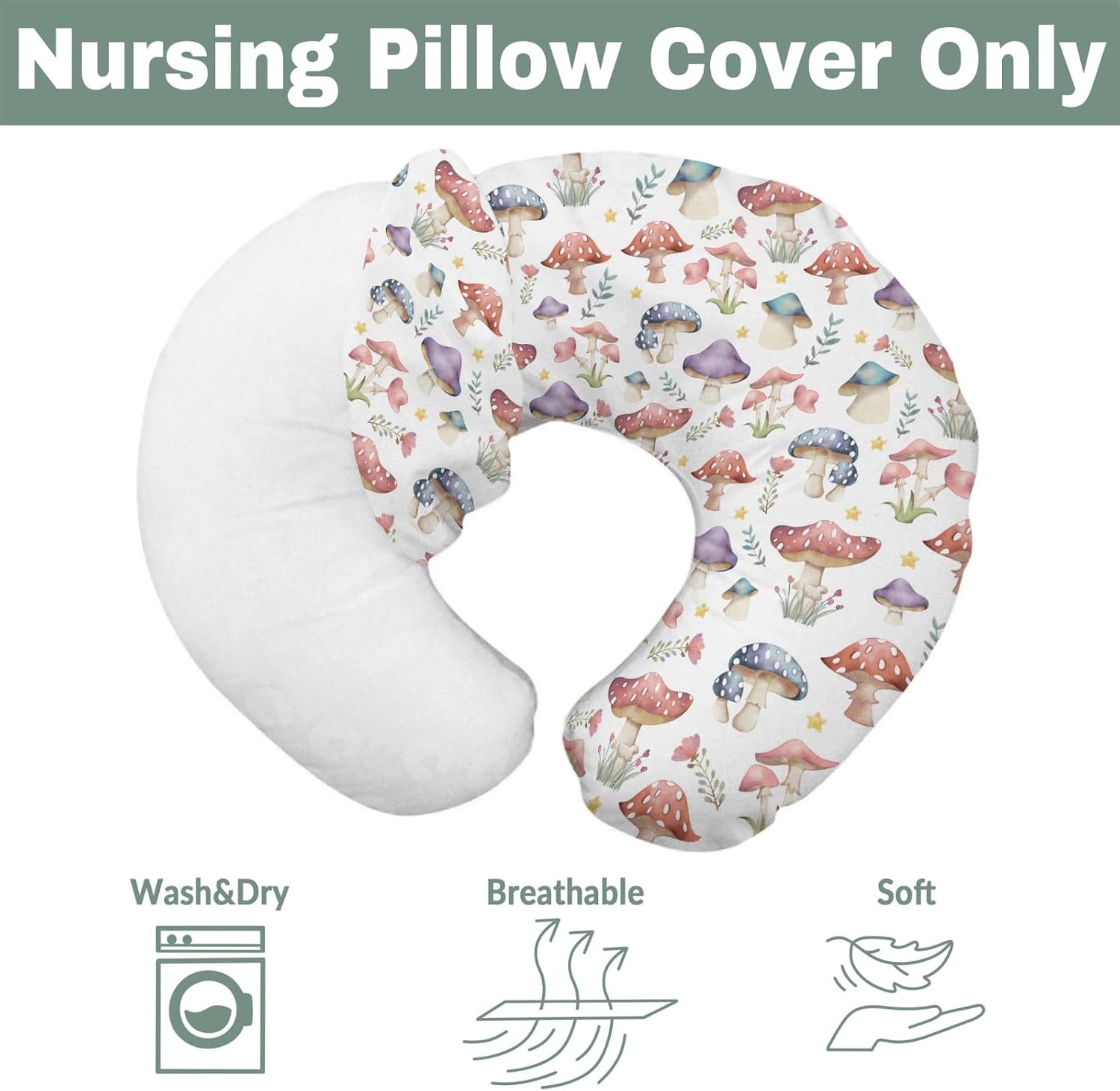 Fairytale Mushroom Baby Nursing Pillow Covers for Boy Girl Colorful Mushrooms Floral Leaves Nursing Pillowcase for Breastfeeding Pillows Magical Plant Soft Stretchy Slipcovers for Newborn Infant