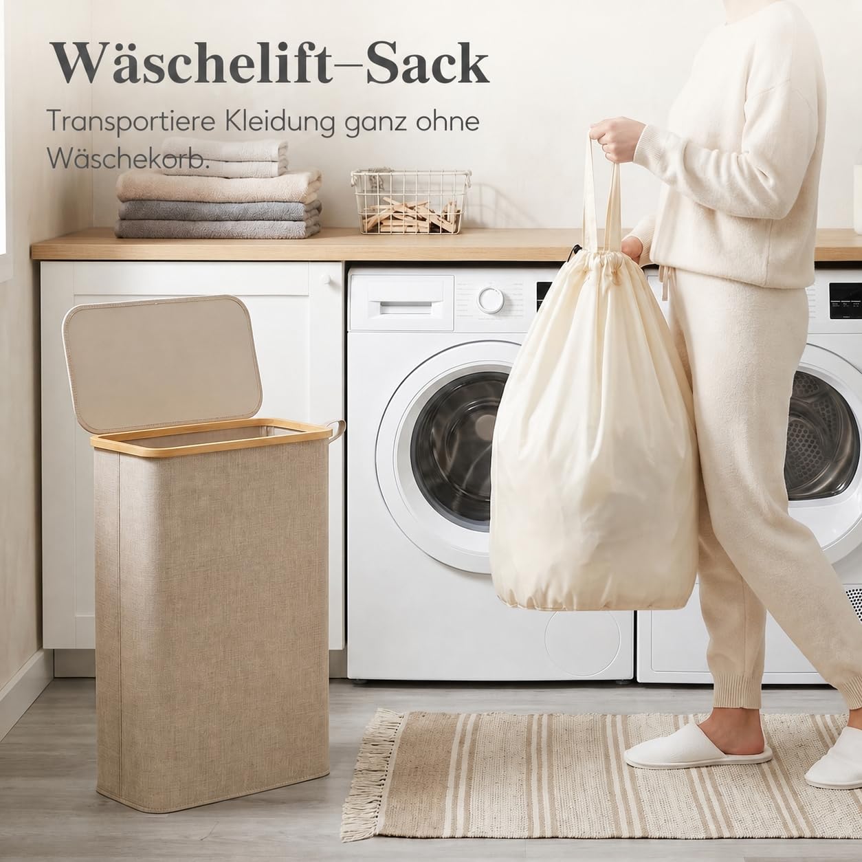 Lifewit 70L Wäschekorb mit Deckel, schmaler Wäschesammler, Beige