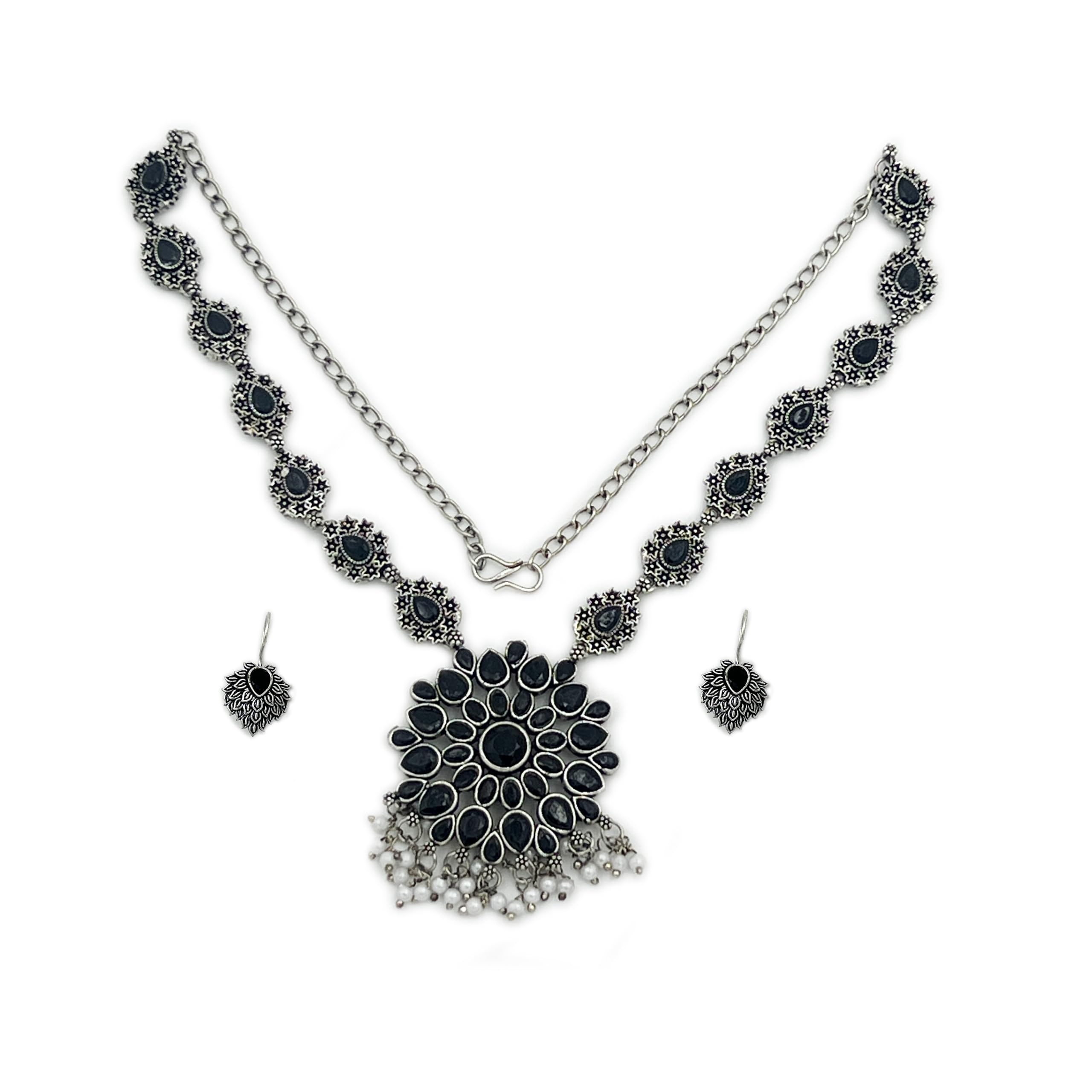 THE STYLE COURTYARD Ethnic Floral Oxidized elegant Jewelry Set with studded Stones Available in 2 Colors