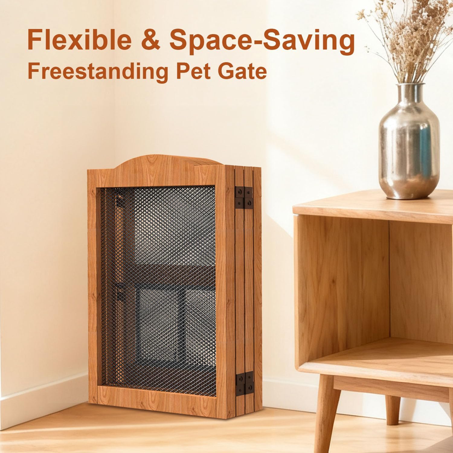 Freestanding Pet Gate with Cat Door, Wooden Pet Barrier Gate with Walk Through Door, Folding Indoor Dog Gate and Playpen, Used for Stairs, Doorways and Hallway