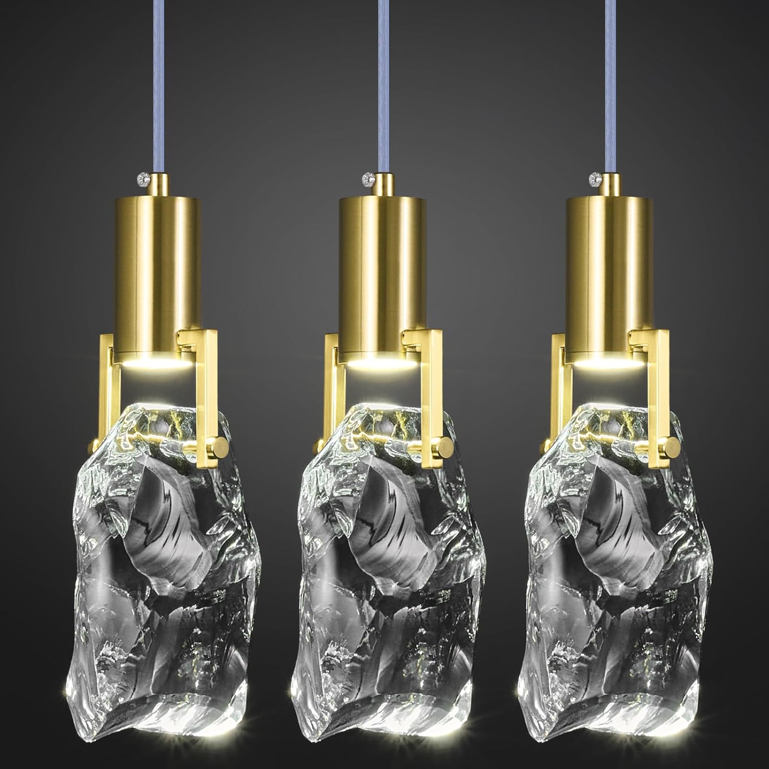 Modern Gold Pendant Lights Kitchen Island Transparent Irregular Crystal Pendant Light Fixtures LED Mini Pendant Lights for Kitchen Island Living Dinning Room Bedroom Farmhouse(2 Pack)