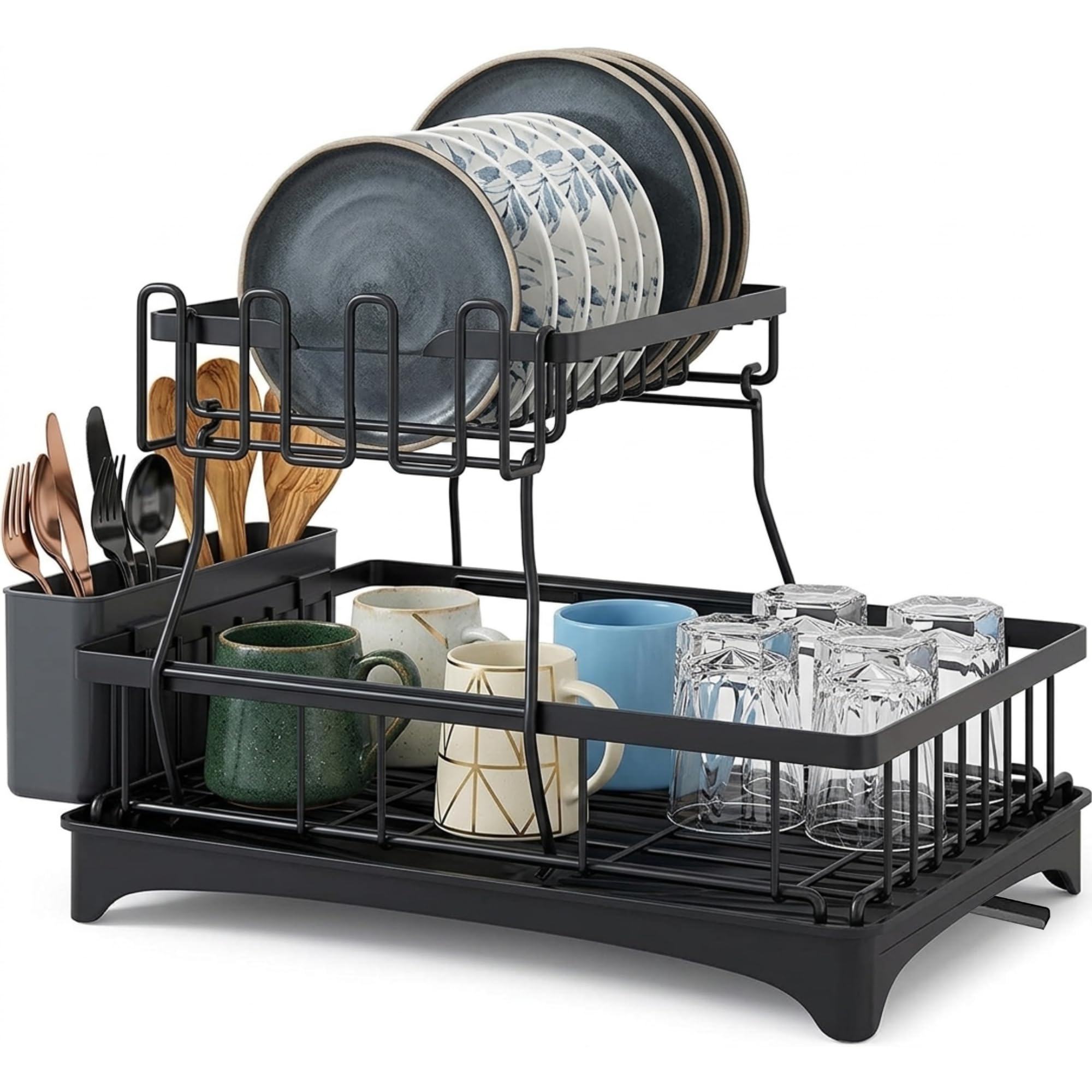 Humbaura Black 2 Tier Dish Drainer Rack For Kitchen Counter, Large Rustproof Stainless Steel Dish Drying Rack With Drip Tray & Spout, Dish Rack Organizer, Kitchen Dish Drainer With Cutlery & Glass Holder (Black)