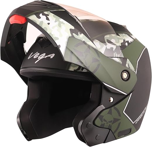 Vega Crux Dx Camouflage ISI Certified Smooth Matt Finish Flip-Up Helmet for Men and Women with Clear Visor(Dull Black Battle Green, Size:L)