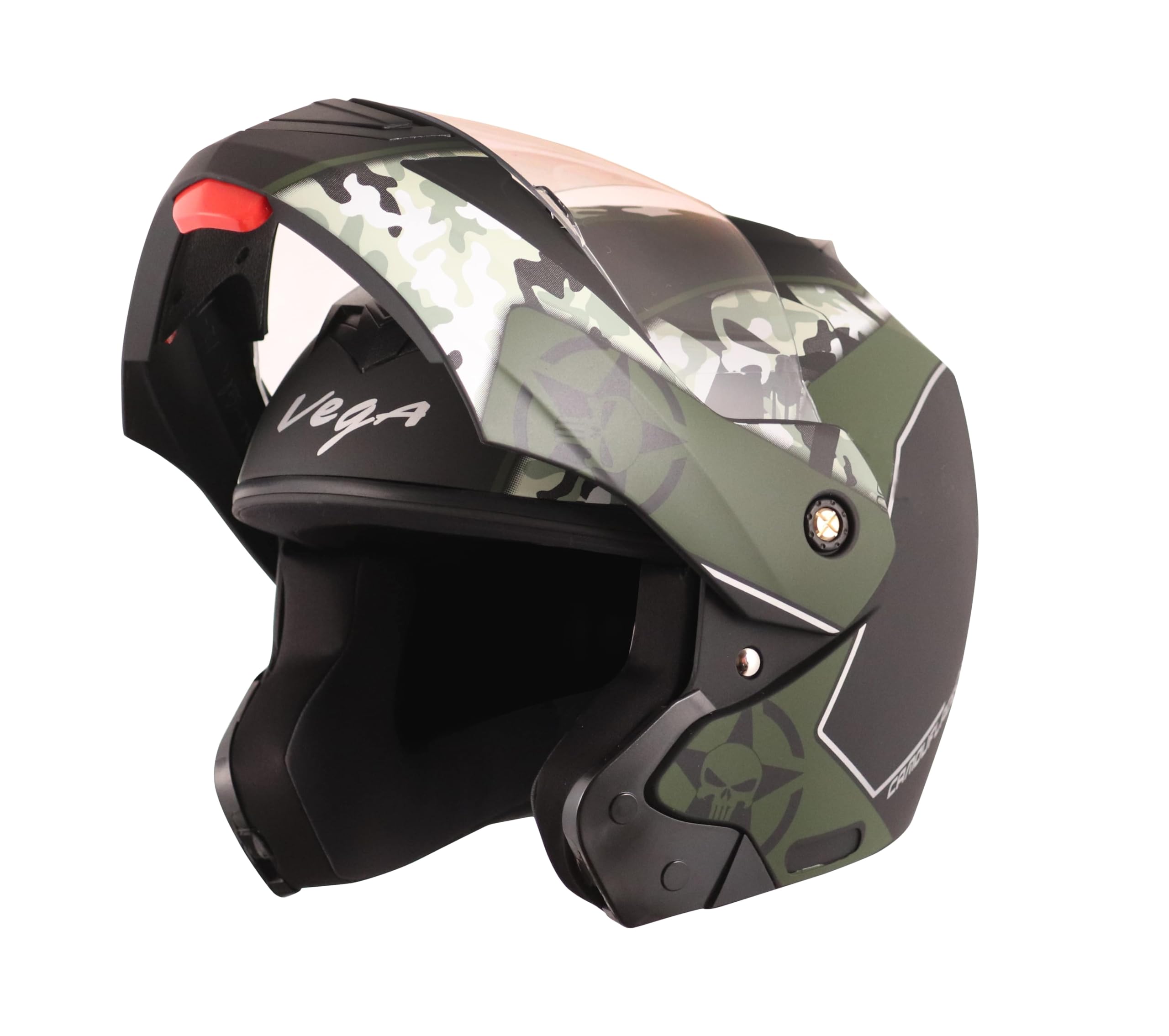 Vega Crux Dx Camouflage ISI Certified Smooth Matt Finish Flip-Up Helmet for Men and Women with Clear Visor(Dull Black Battle Green, Size:L)