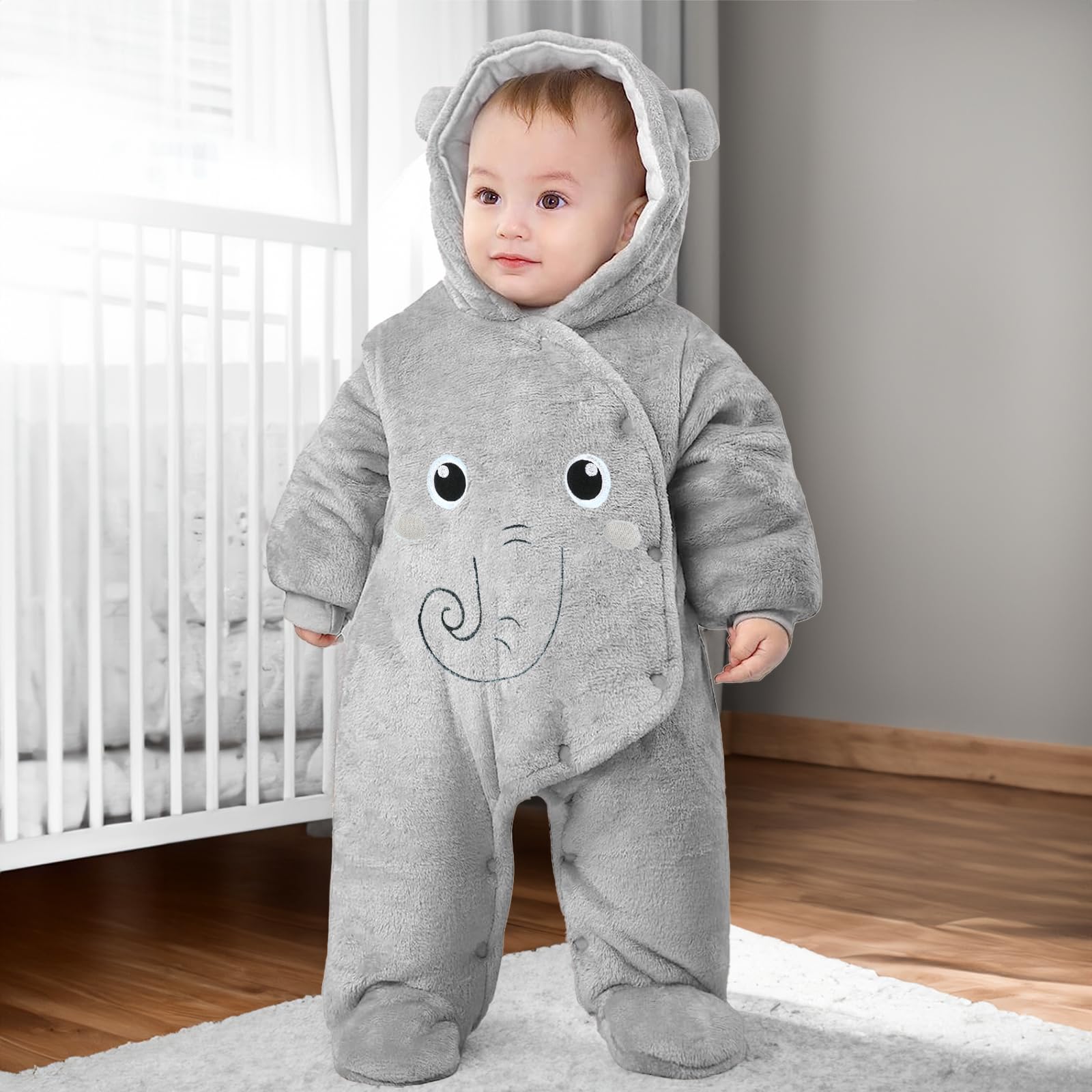 Tuta invernale in pile con cappuccio, per bambini, abbigliamento caldo, da 0 a 3 mesi, motivo elefante grigio