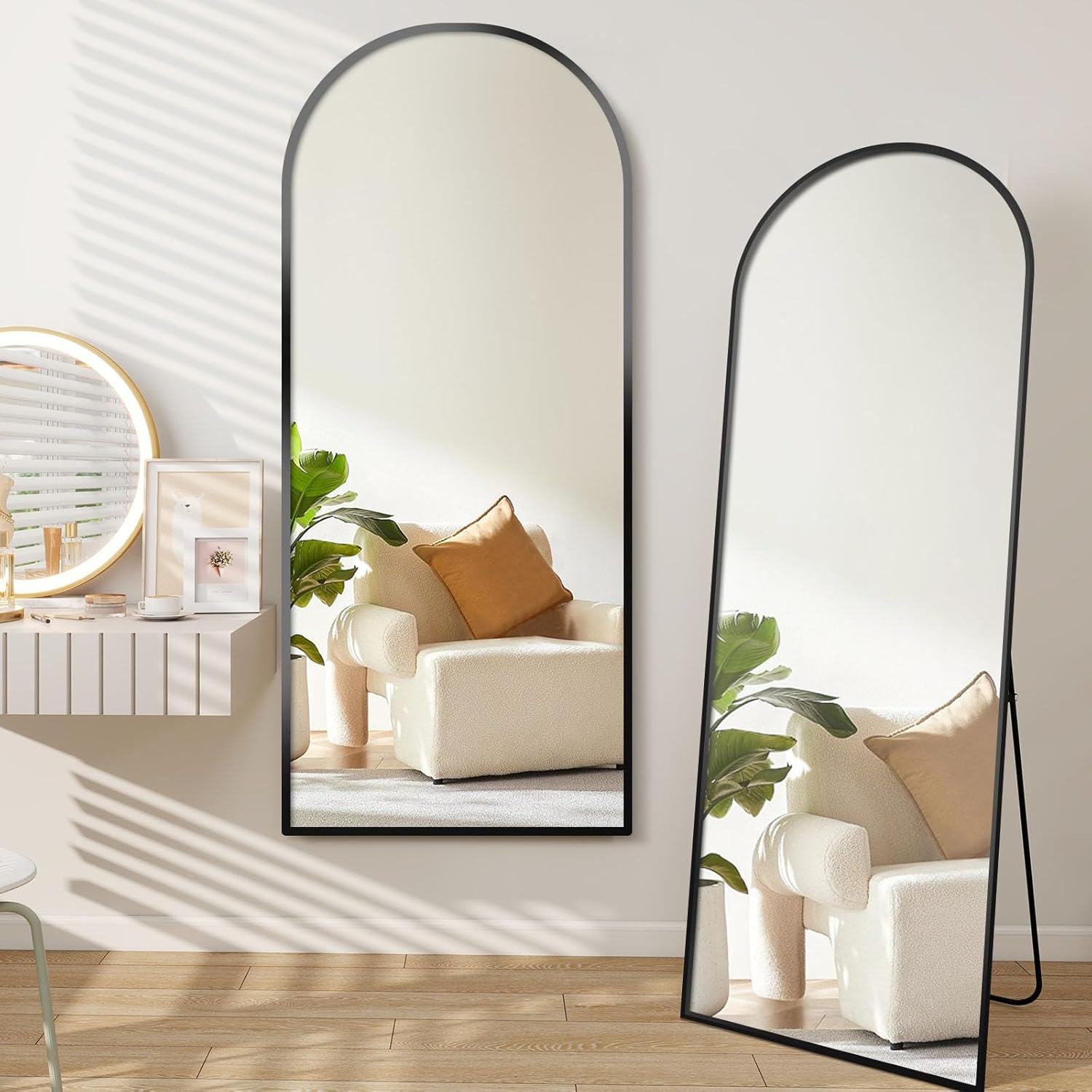 58"x20" Full Length Mirror Arched Body Dressing Floor Standing Mirrors, Black