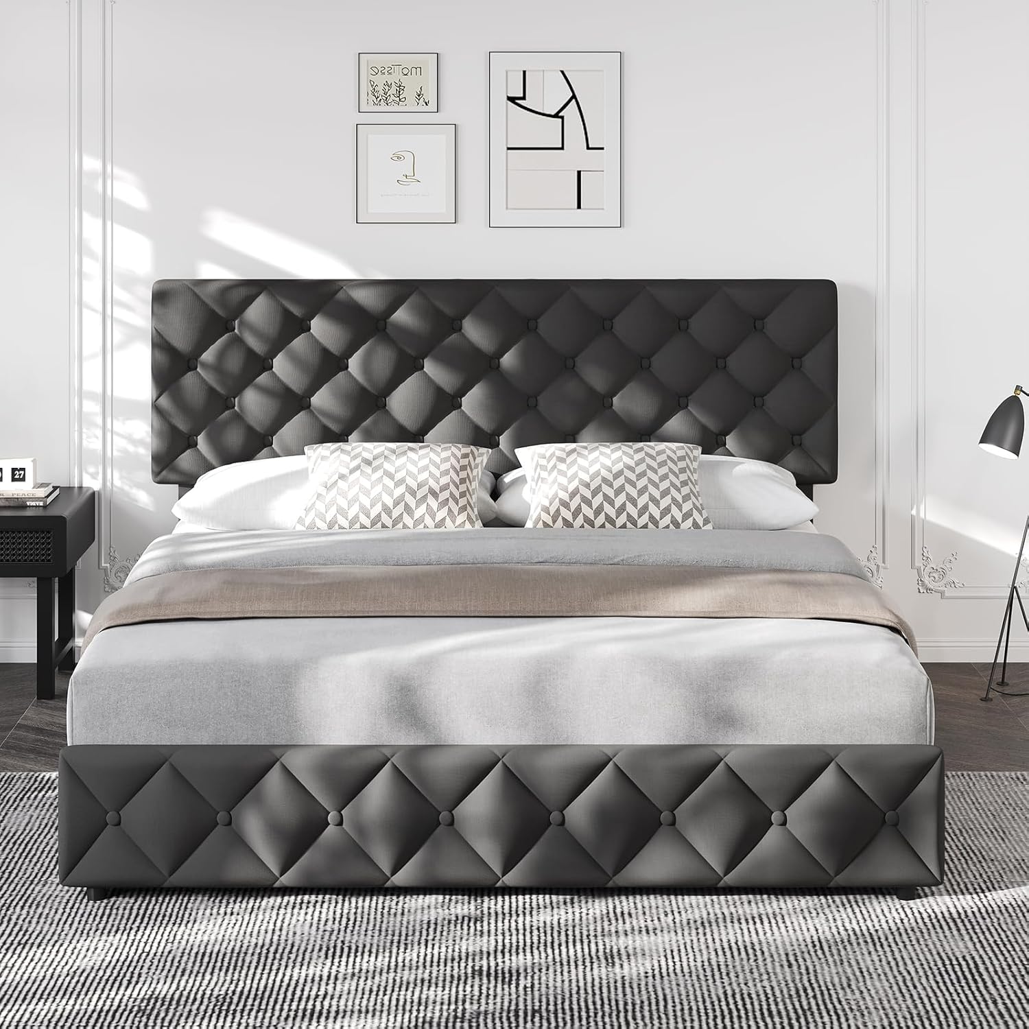 Queen Size Bed Frame with 4 Storage Drawers & Headboard, Linen Upholstered Platform Bed Frame, Stylish Diamond Tufted Design, No Box Spring Needed | Black
