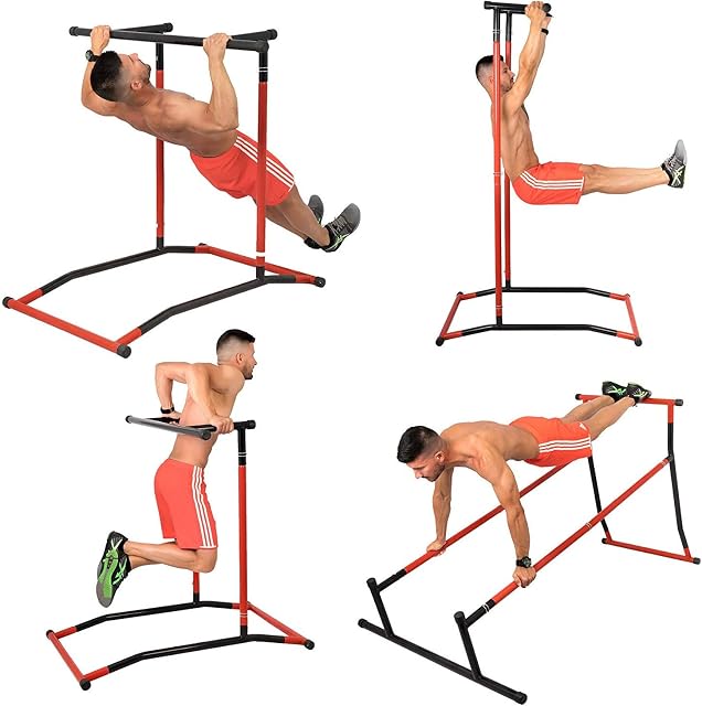 Summile 330LBS Pull Up Dip Station Power Tower Station Multi Station Power Tower Workout Pull Up Station with Carry Bag for Home Fitness (Black+Red With Bag)