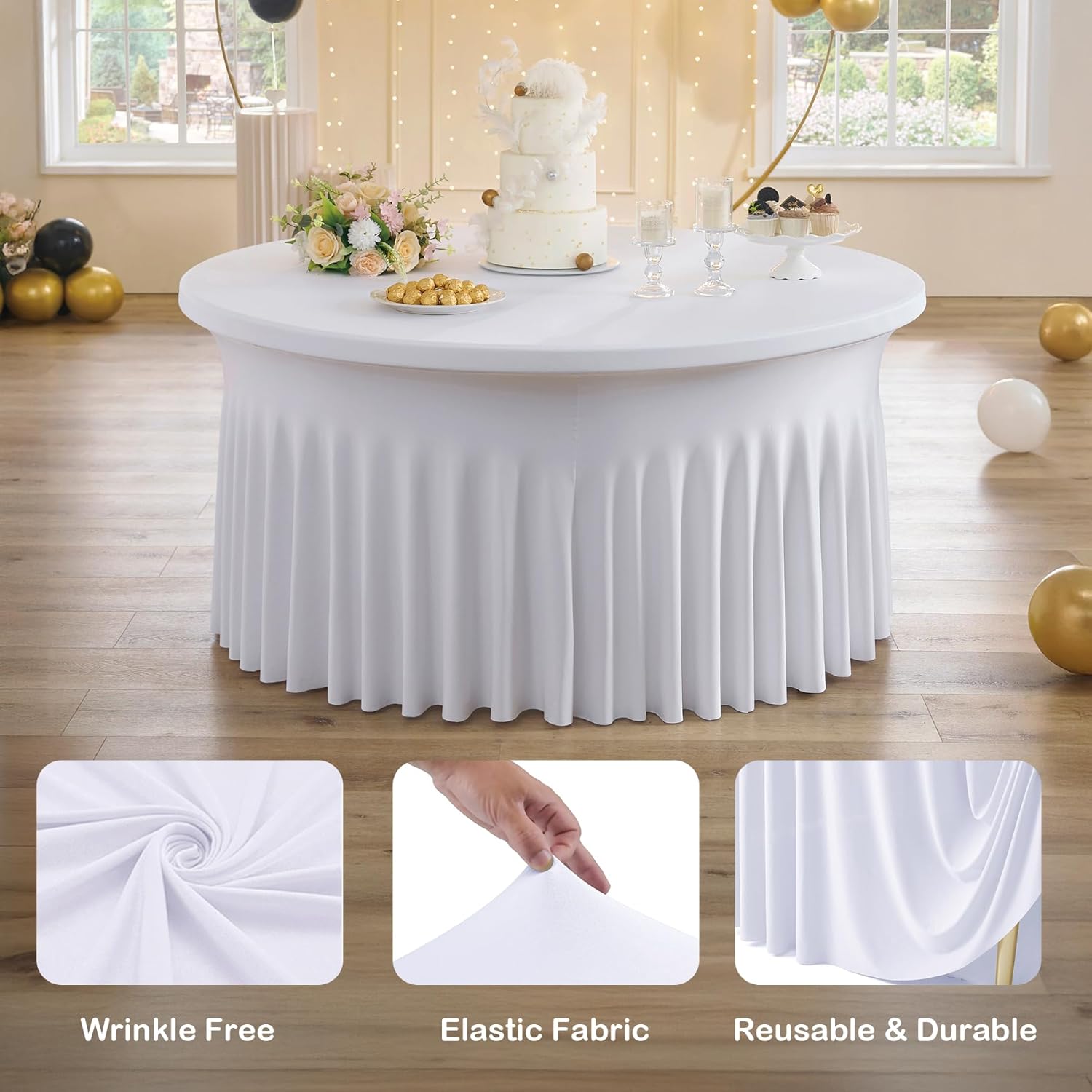White Round Spandex Tablecloths for 60 inch Tables, Wrinkle Free Stretchy 120 inch Fitted Round Table Cloths Cover with Skirt for Wedding Birthday Parties Banquet White 60 inch 