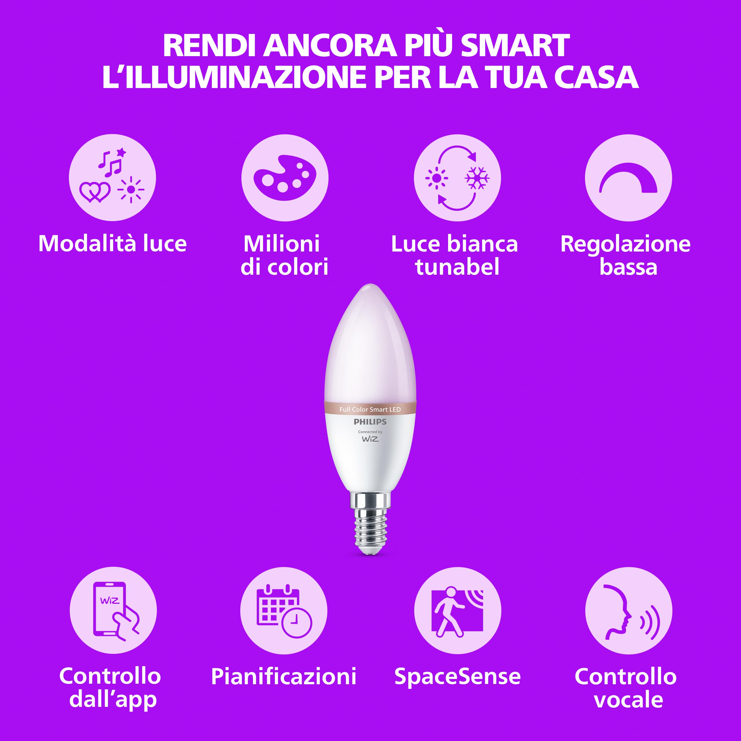 Philips Smart Lighting, Lampadina LED C37 Smart RGB, 4 Pz, E14, 470 lm, Luce Bianca Regolabile e a Colori 2.200-6.500 K, Dimmerabile, Connected by WiZ, Alexa, Google Home, Apple Home, Luci Led