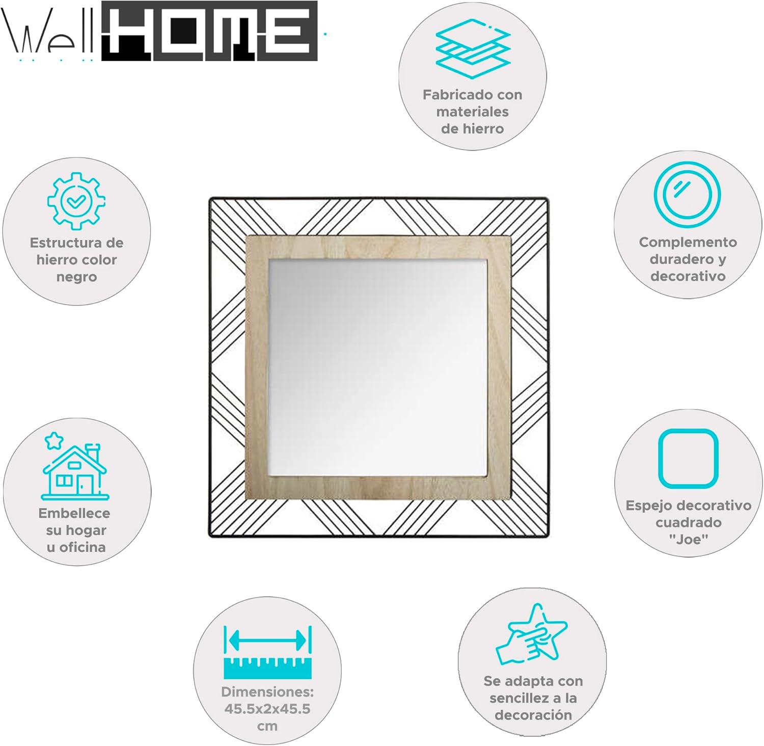 Well Home Metal and Wood Square Mirror L 45.5 x D 2 x H 45.5 cm