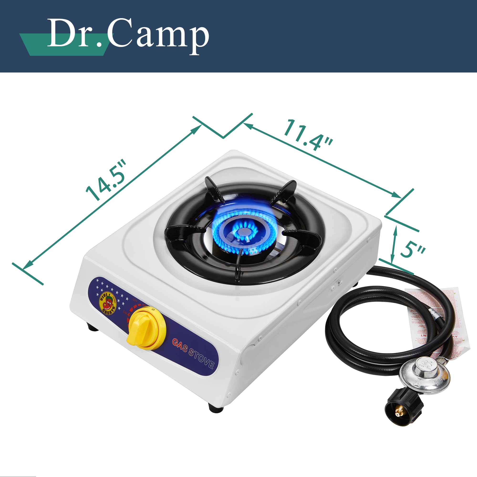 Dr.Camp 10000 BTU Automatyczny zapłon, pojedynczy palnik, ogród, podwórko, kemping, turystyka, propan, kuchenka z regulatorem i wężem gazowym, kolor biały