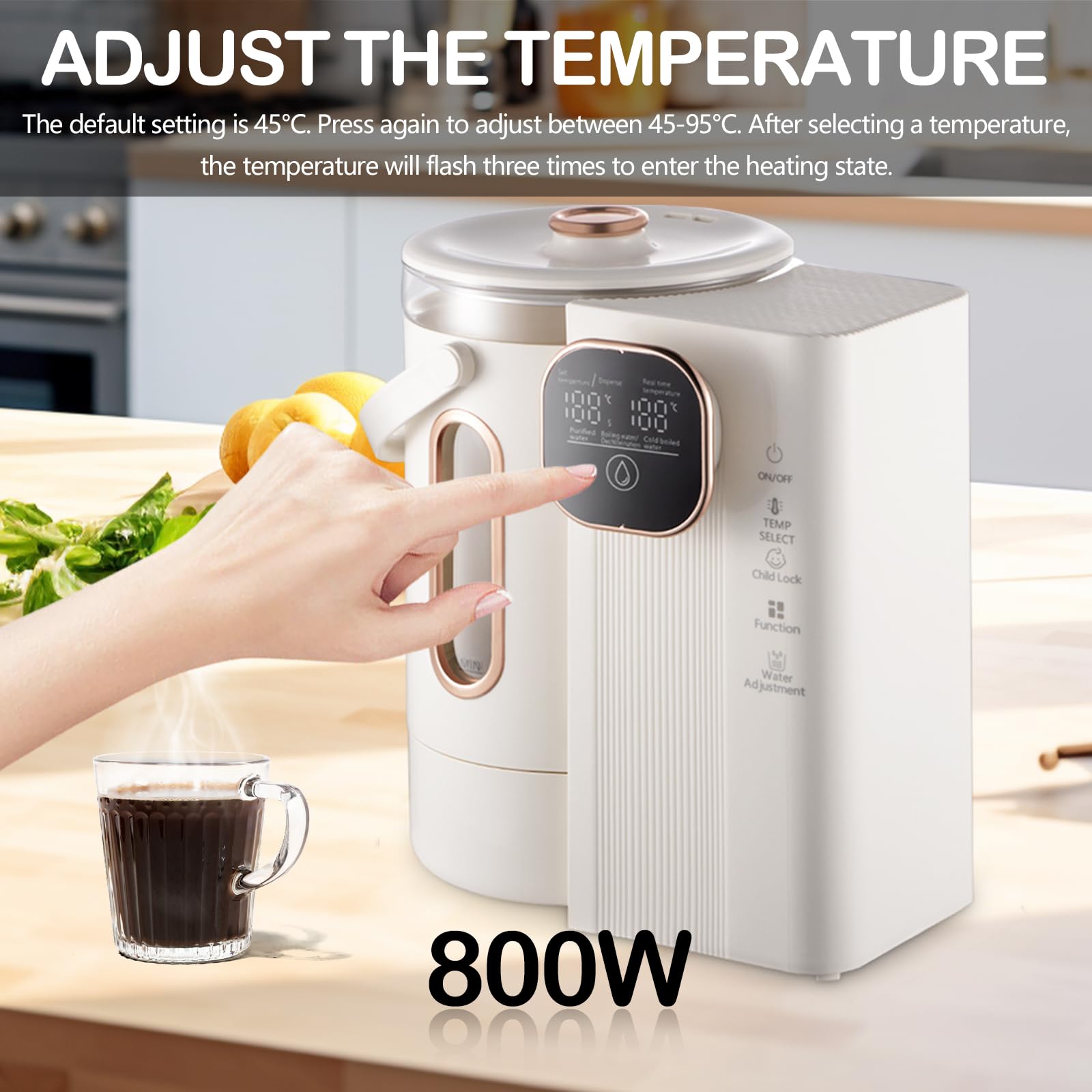 Dispensador de Agua Caliente, Enfriador de Agua con Control de Temperatura Dispensador Agua Electrico de Acero Inoxidable de 3L 800W con llave de Bloqueo para Hogar Oficina y Autocaravana