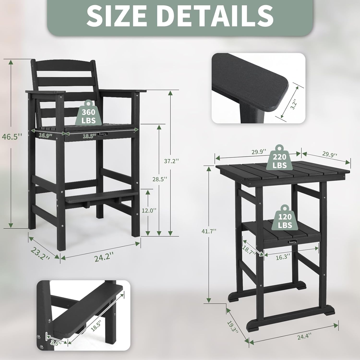FUNBERRY Outdoor Bar Set with Umbrella Holes, Tall Adirondack Chairs and Table, All Weather HDPE Bar Height Outdoor Table and Chairs Set for Bistro Patio Balcony