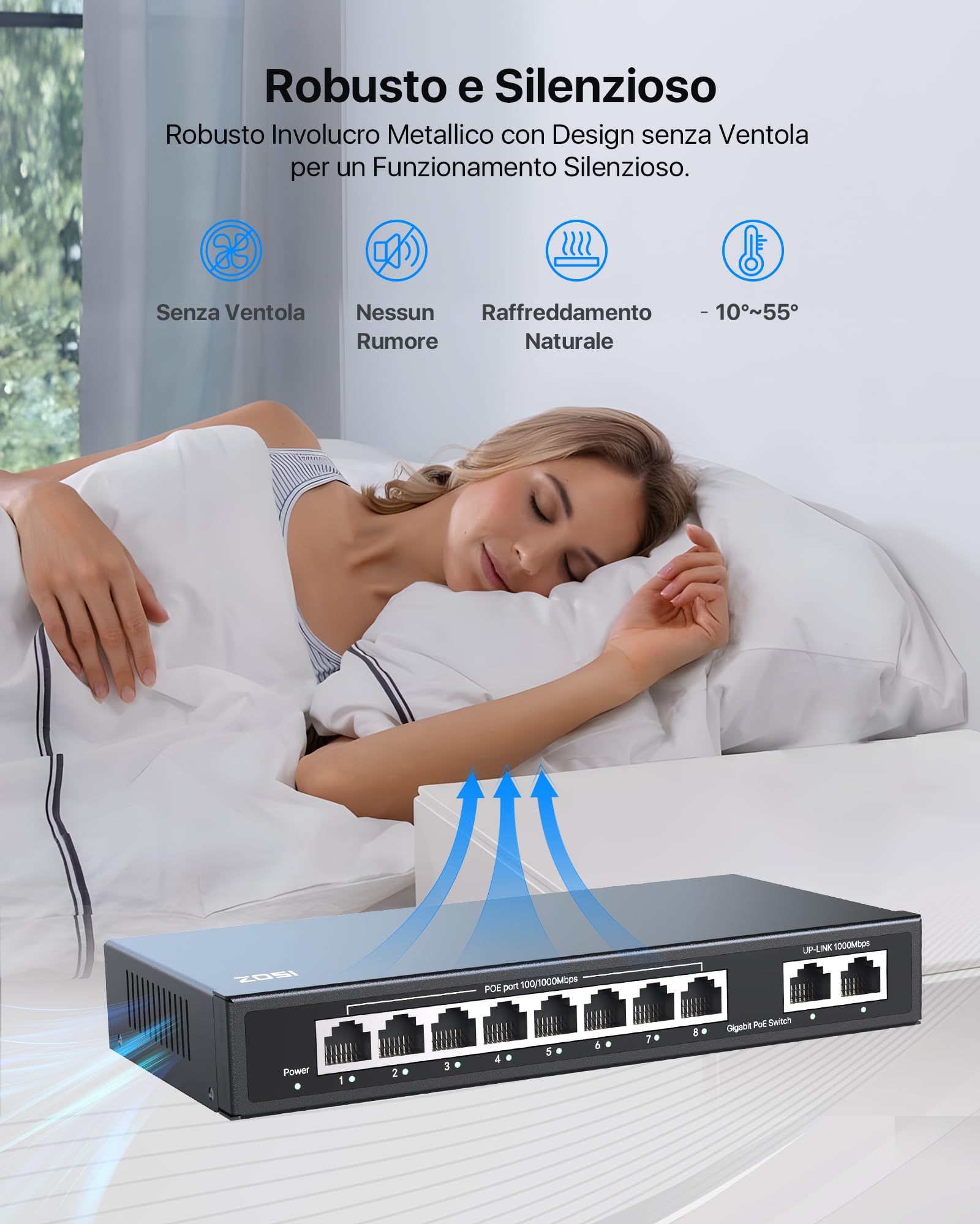 ZOSI 8 Porte PoE Switch Switch Gigabit con 1 Porta Uplink Gigabit, 96 W per 8 Porte PoE+, IEEE802.3af/at, Switch Ethernet non Gestito, Plug & Play, Alloggiamento in Metallo Robusto