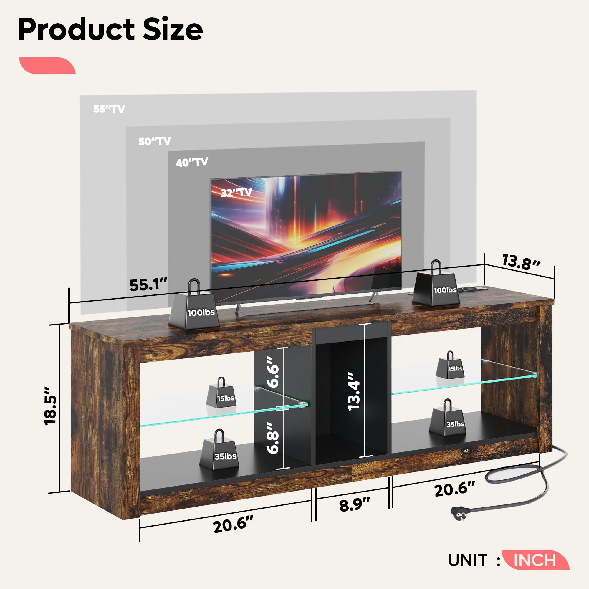 Bestier Mobile Porta TV 140 cm Mobile TV Moderno con Ripiano in Vetro Illuminato a LED RGB (140cm+Socket)