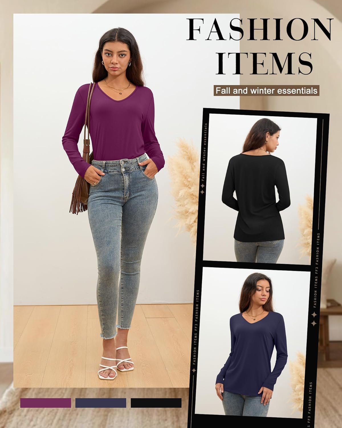 Ficerd 3 Pack Women's Long Sleeve T Shirts, V Neck Basic Tops Fall Casual Trendy Tees Loose Fit Soft Clothes Outfits - Image 6