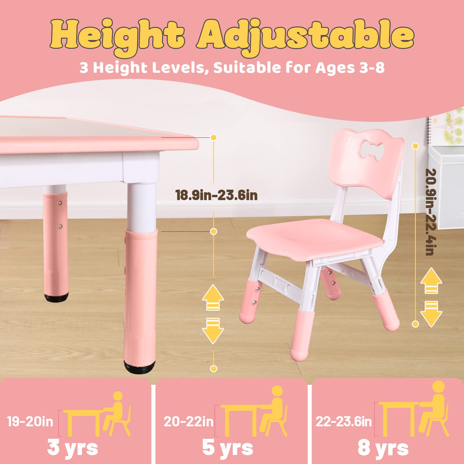 Juego de mesa y 4 sillas para niños, juego de mesa y sillas para niños de 3 a 8 años, fácil de limpiar, mesa de artes y manualidades, para aulas/guarderías/hogares, aprobado por CPC y CE (juego 3