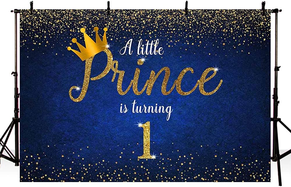 MEHOFOND 7x5ft Background Happy 1st Birthday Gold Dots Shining Blue Backdrop Crown Boy Prince Cake Table Banner Decor Photo Video Studio Photoshoot Photography Props