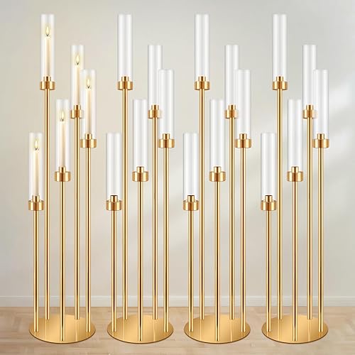 DIWNELEM 4 centros de mesa dorados para candelabros de 5 brazos de 42 pulgadas de alto, candelabros de metal, centros de mesa de boda, candelabros