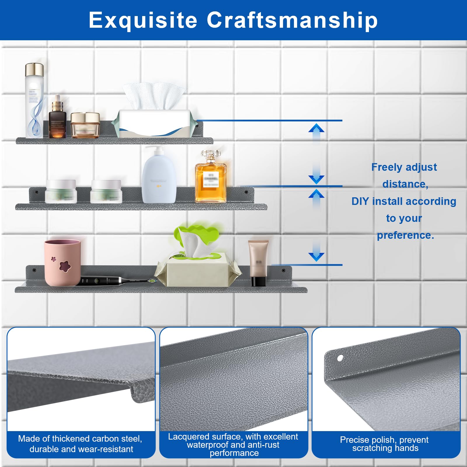 himaly Metalen wandplank, zwevende planken, 30/35/40 cm, wandrek, set van 3 voor keuken, badkamer, woonkamer, slaapkamer, zwart 02