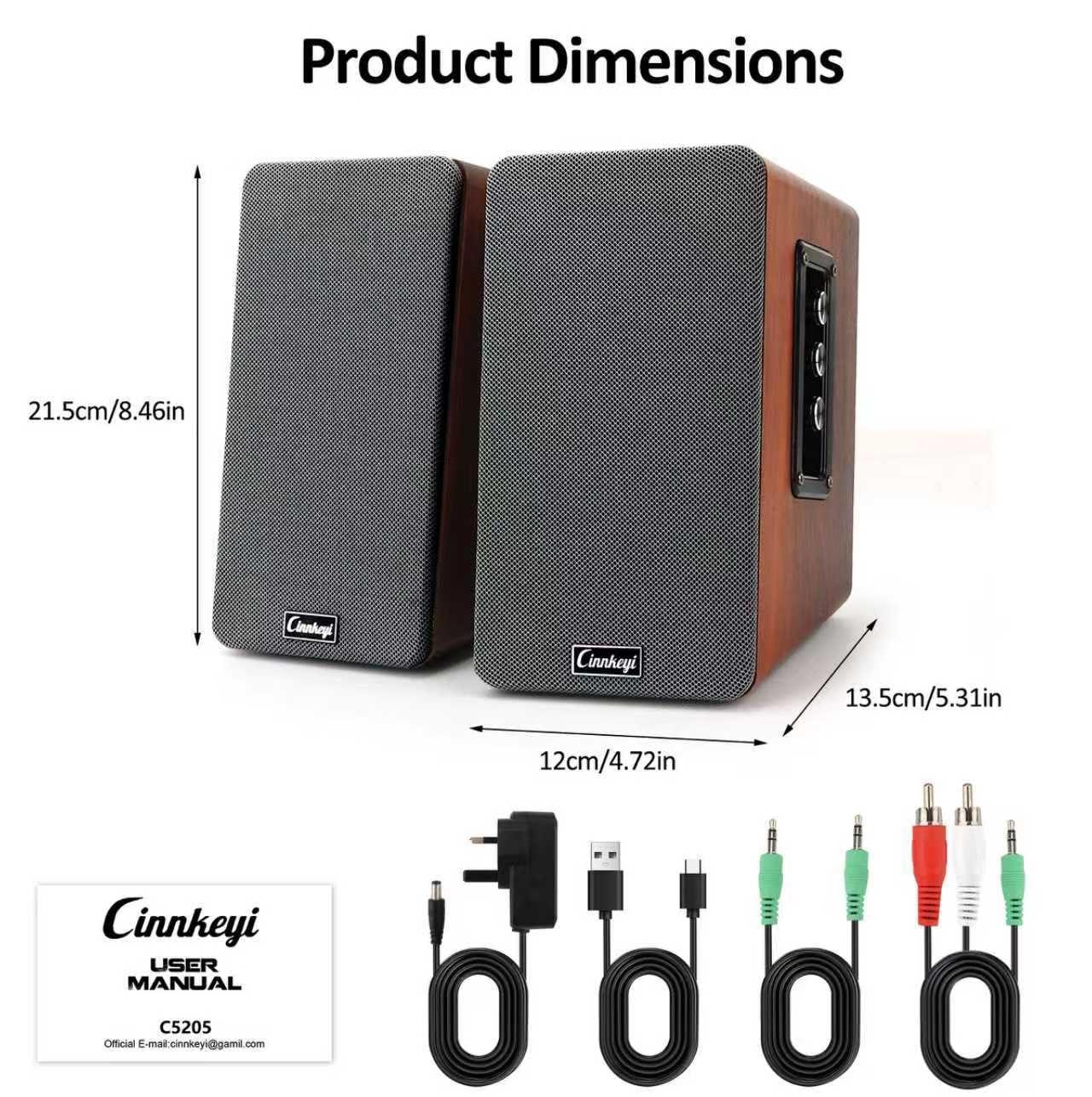Altavoces de estantería de madera de 50W, altavoces activos 2.0 para ordenador | Entradas: Bluetooth, RCA, AUX (3,5 mm), USB | Altavoces para PC con graves potentes, para TV, portátil, tocadiscos