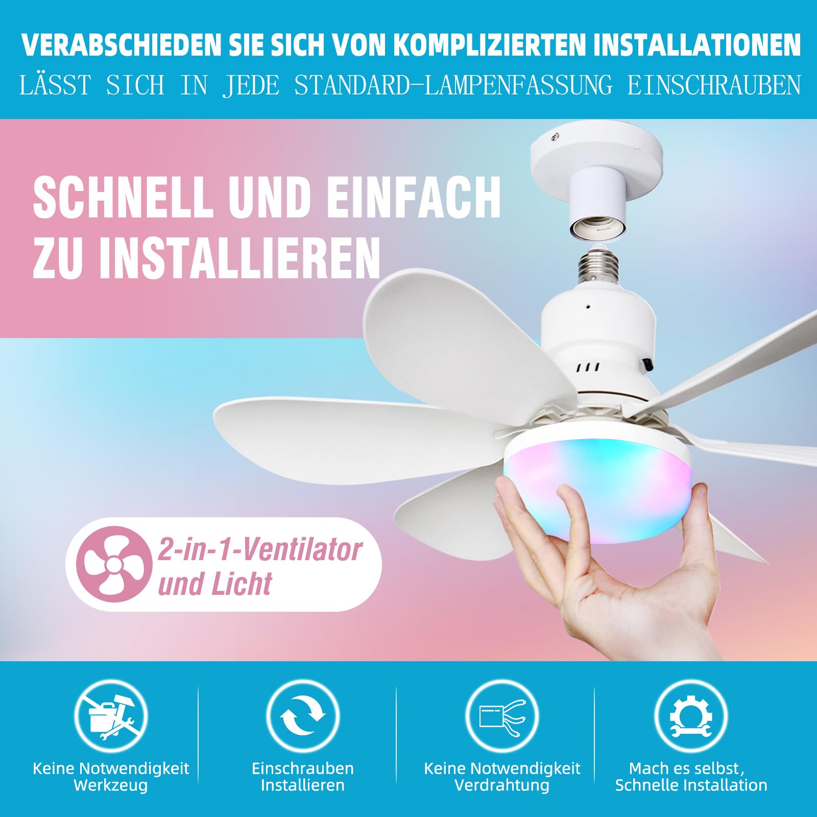 RRBEST Socket Ceiling Fan with Light and Remote, 3 Fan Speeds, Stepless Dimmable, 3 Colours, 3000K-6000K - Image 3
