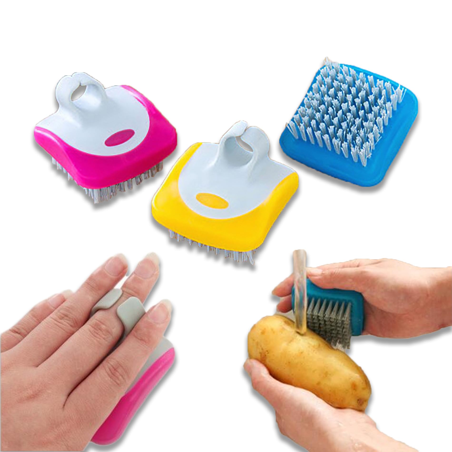 3 Pcs Vegetable Brush, Hard Nylon Bristles Root Potato Carrot Scrubbing Brush, Ergonomic Arc Handle for Secure Grip, Effective Clean Mud Dirt on Cucumber Peach Yam, Kitchen Gadgets (Blue, Yellow, Red)