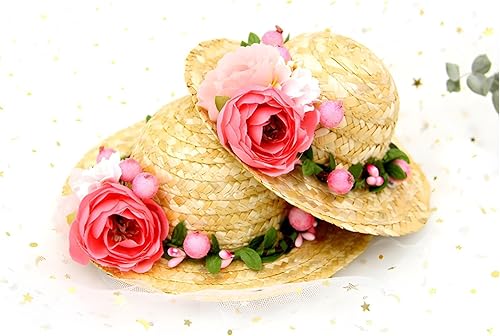 Miniatura 3 de NACOCO Sombrero de paja de girasol, hecho a mano, encantador, accesorio para fotografía de perros y gatos pequeños (S, rosa)