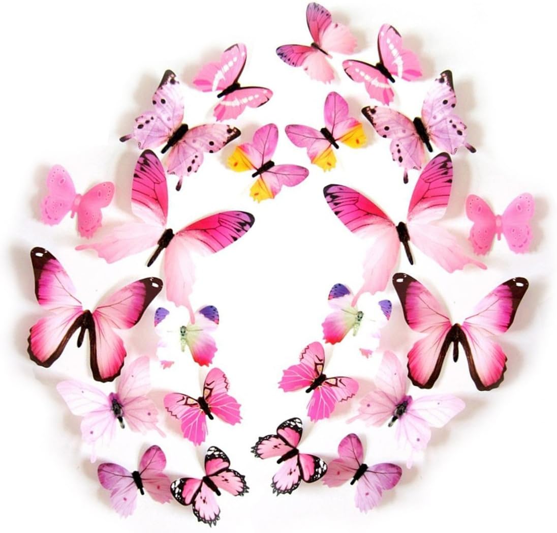 Kids' Wall Sticker Art Decor 3D Lively Butterflies DIY Art Wedding Decor Crafts 24 Pcs,Pink