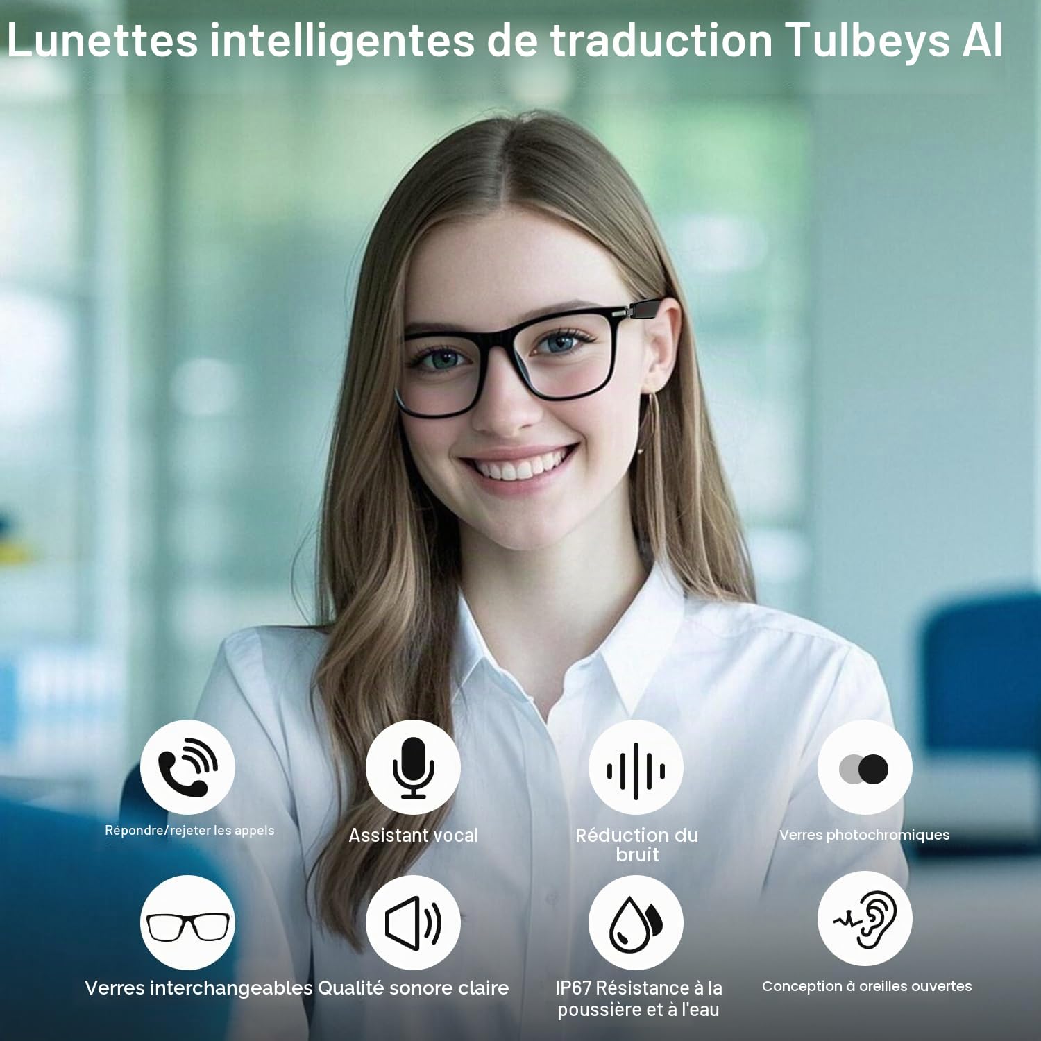 Lunettes intelligentes Bluetooth AI avec plus de 160 langues, lentilles de changement de couleur, haut-parleur intégré et audio clair – Lunettes traducteur vocal en temps réel pour les voyages