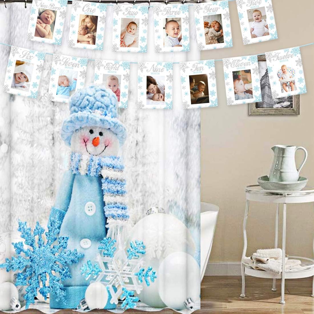 Snowflake Winter Onederland Photo Banner - Monthly Newborn to 12 Months Photo Banner for Winter Onederland 1st Birthday Decorations Blue Christmas Snowflake 1st Birthday Decorations