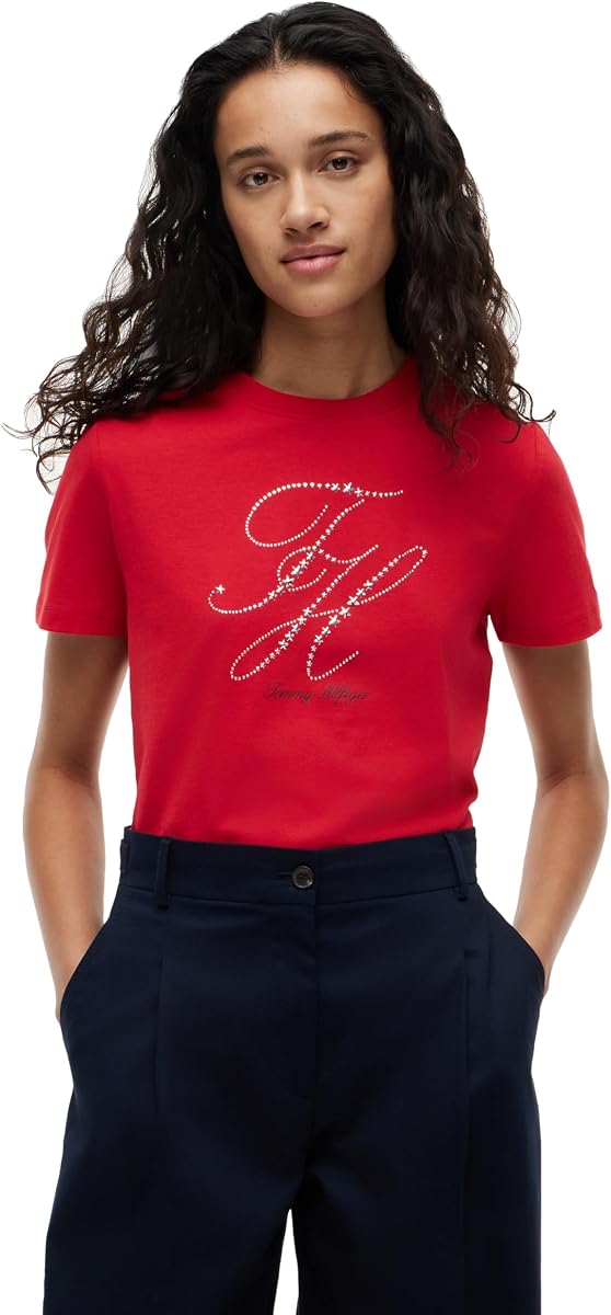 Tommy Hilfiger Camisetas de cuello redondo con logotipo gráfico de algodón de manga corta para mujer