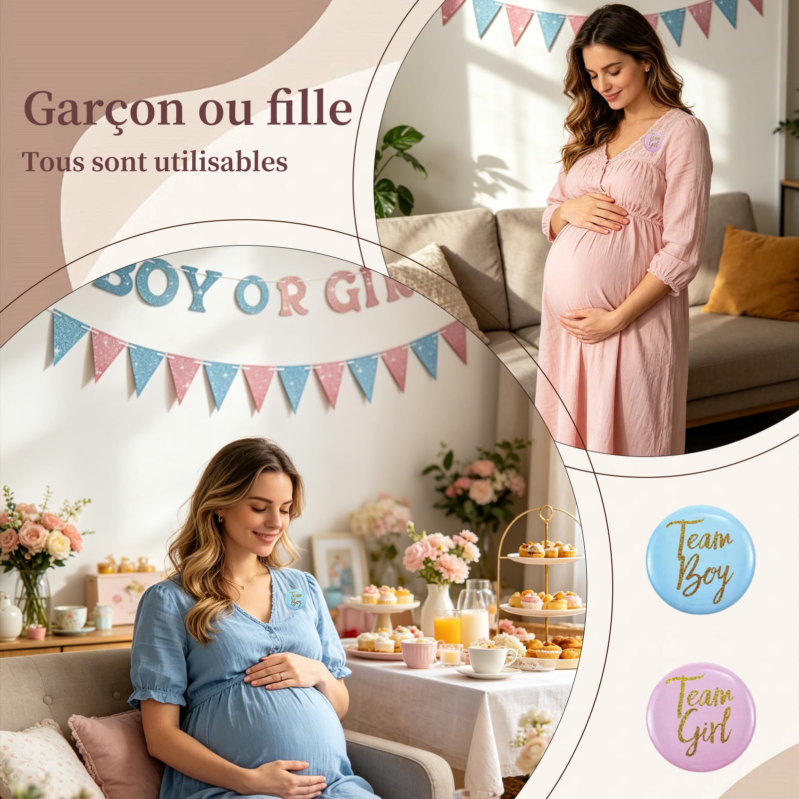 Guirlande Gender Reveal 3 m avec Fanions Cœurs 30 Badges Team Boy Girl Décor Rose Bleu Brillant Baby Shower