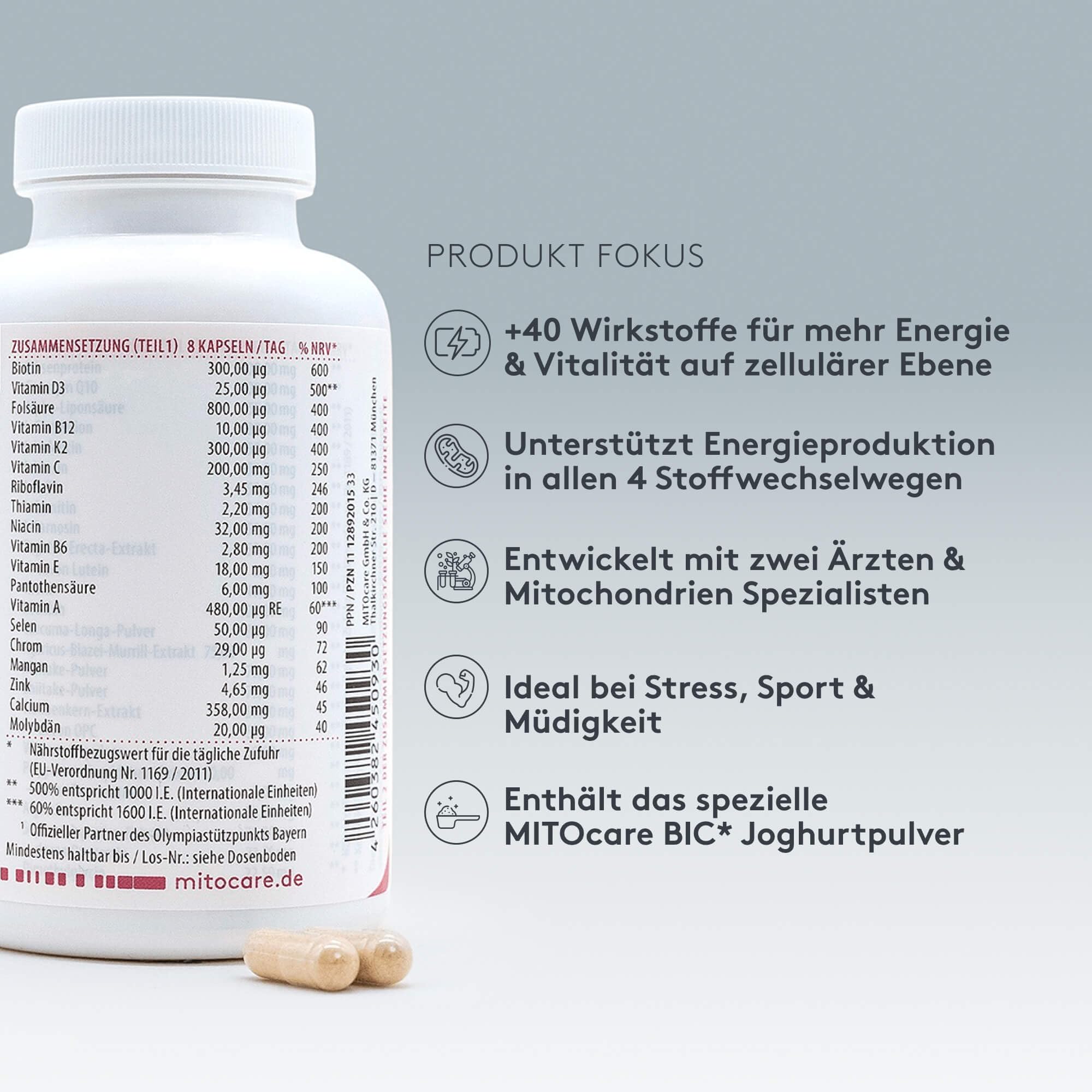 MITOcare Mitochondrien Formula Sport - Nährstoffkomplexmischung für Sportler - optimale Basis - Vitamine, Mineralstoffe & Pflanzenstoffe - Monatspackung mit 240 Kapseln - Produziert in Deutschland