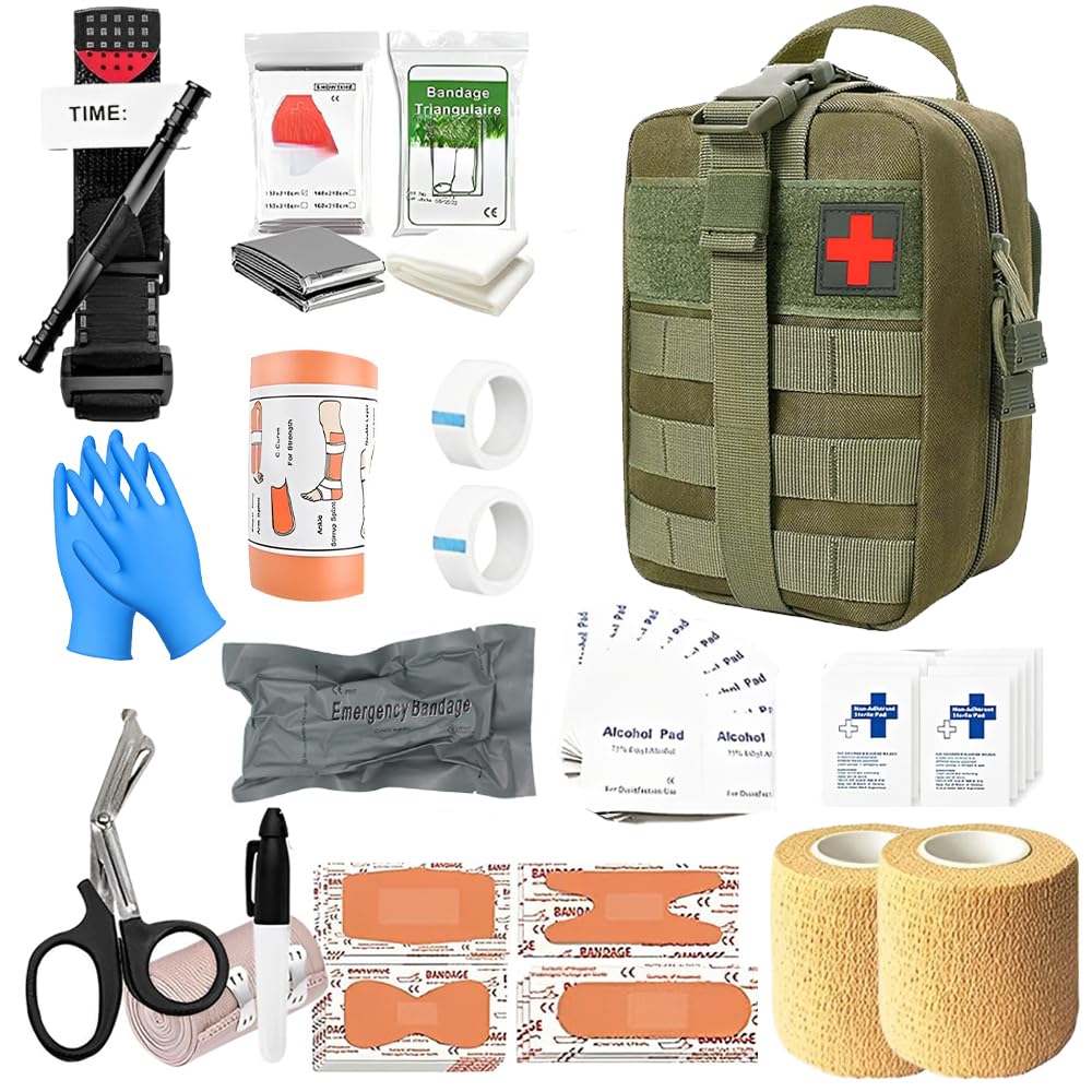 Trousse de Secours Tactique 49 Accessoires - Kit de Survie Médical pour Activités en Plein Air, Moto, Escalade et Bivouac - Sacoche de Premiers Soins Portable et Résistante(Vert)