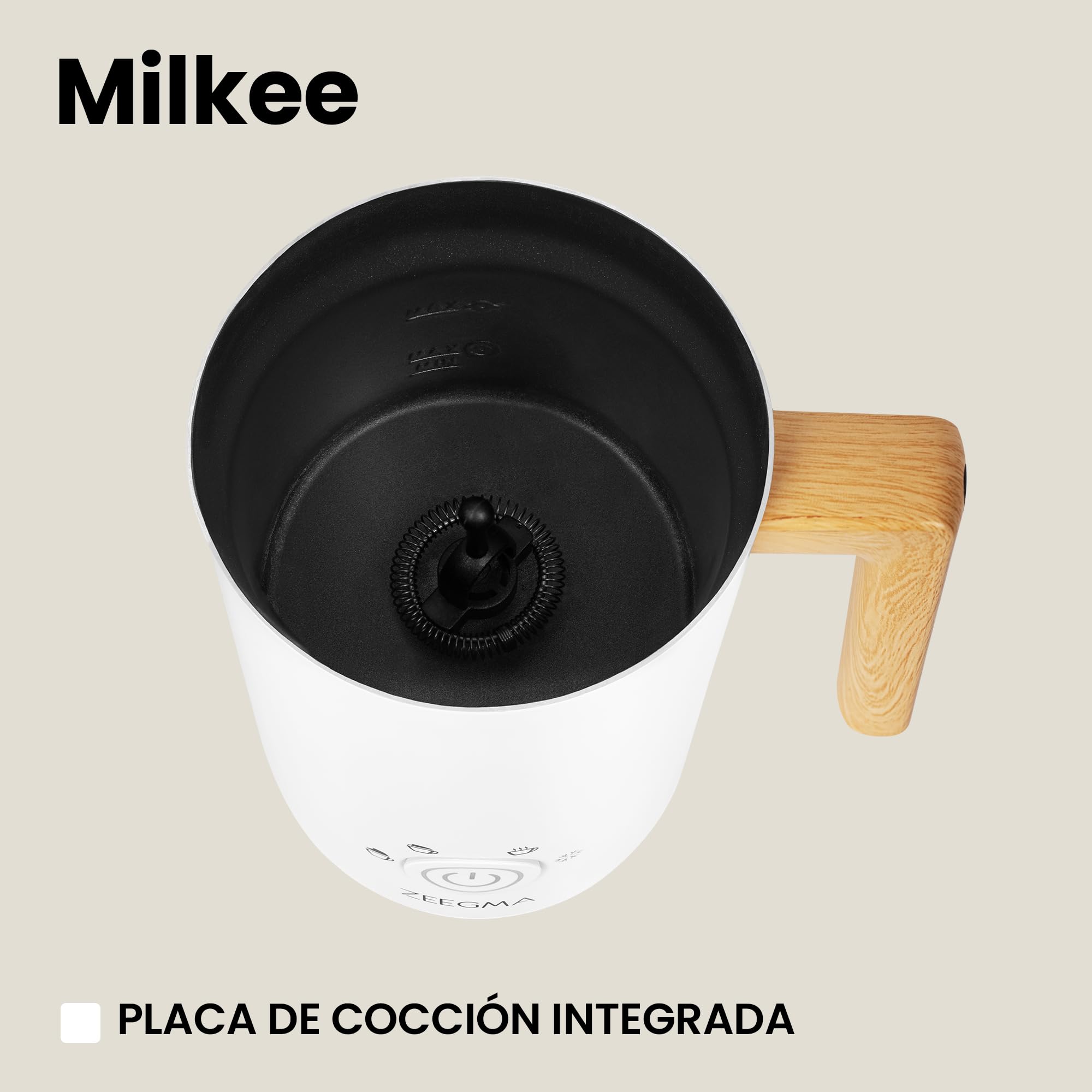 Zeegma Milkee - Espumador de Leche Eléctrico Milkee 650ml, Potencia de 500W, 4 Modos para Espumar y Calentar, Diseño Moderno con Mango de Madera, Fácil de Limpiar, Revestimiento Antiadherente - Blanco