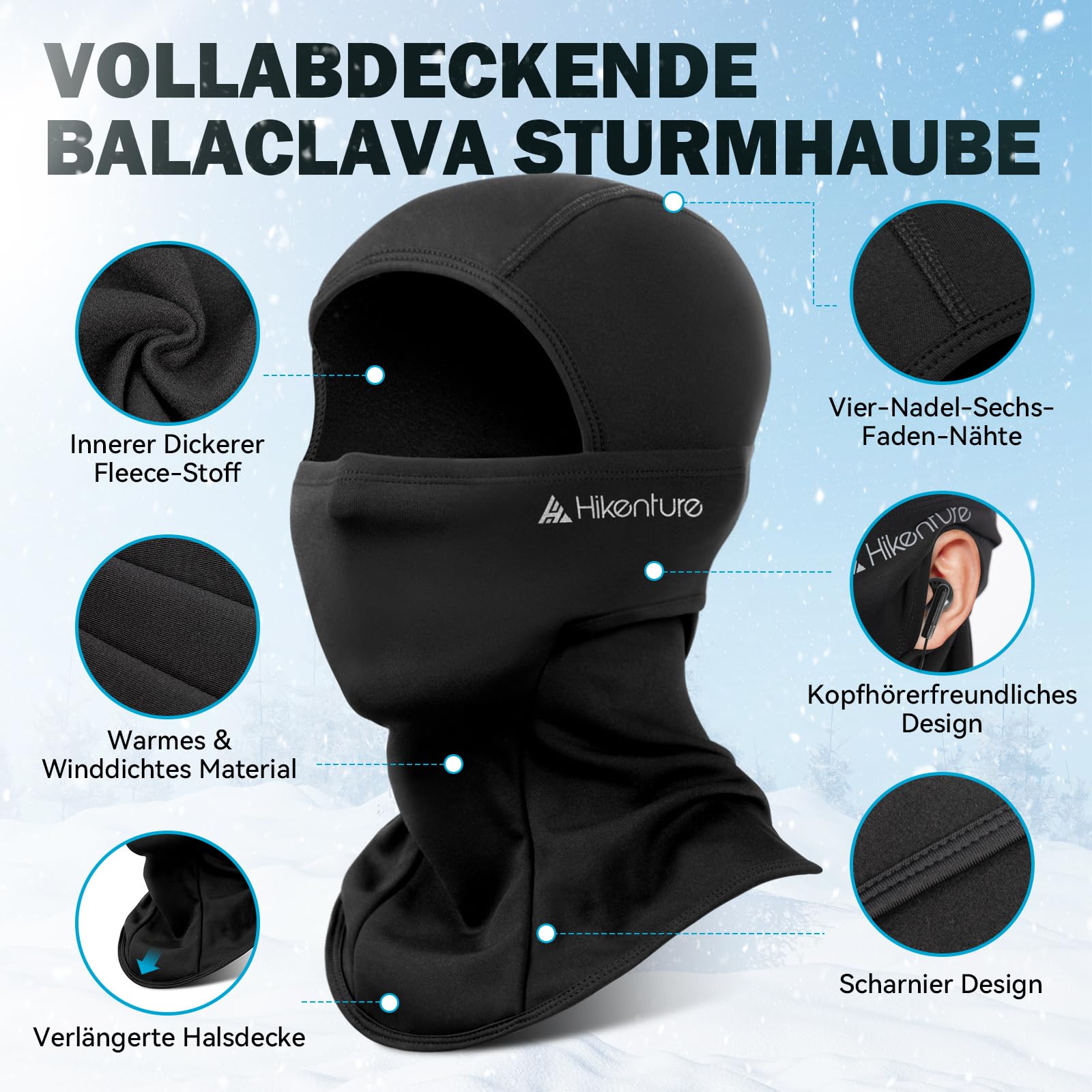 HIKENTURE Sturmhaube Winter, Balaclava Herren Damen, Winddichte Sturmmaske Schwarz, Warme Skimaske Motorrad Fahrrad, Ski Mask, Sturmhauben, Gesichtshaube für Outdoor Sports, Skifahren, Radfahren
