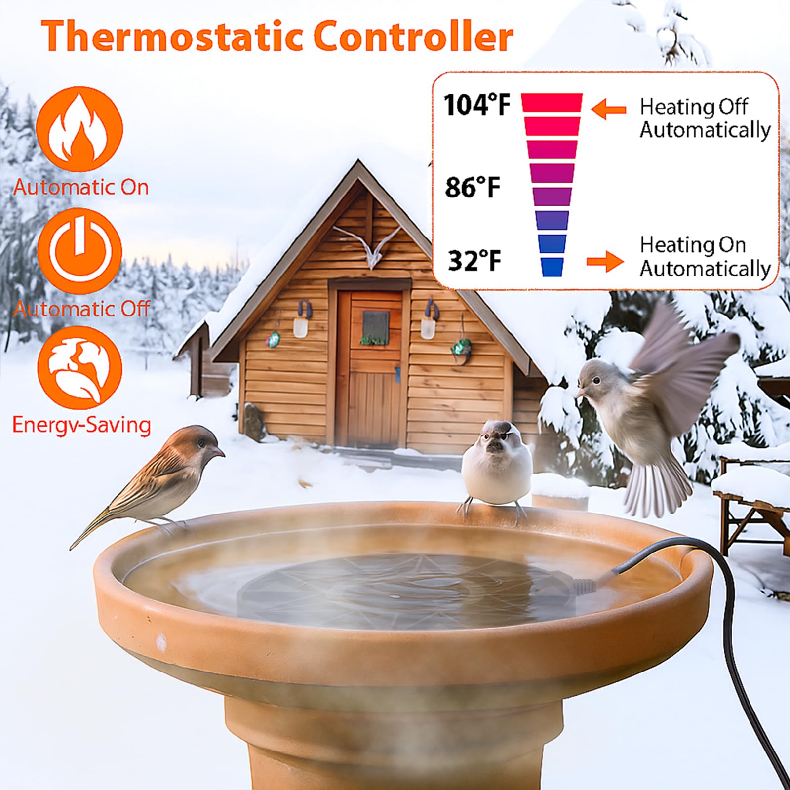 Fortrek Vogeltränken-Heizung für den Außenbereich im Winter, 70 W Vogeltränken-Enteiser mit Thermostatregler, Warmwasserbereiter mit 1,5 m Kabel für Vogeltränke, Huhn, Ente, Nutztiere, Geflügel, Tiere