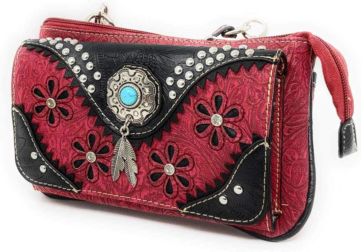 Texas West Western Rhinestone Laser Cut Feather Floral Concho Crossbody Small Pouch Wallet in 3 colors (Red)